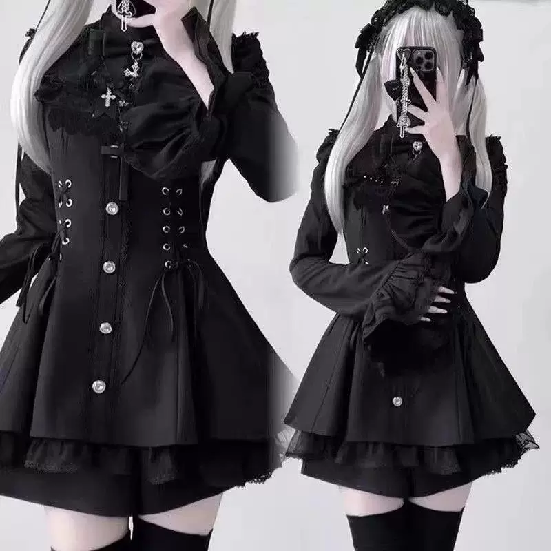 Костюм gothic lolita для женщин, Harajuku Y2K с бантом и кружевом, короткая юбка
