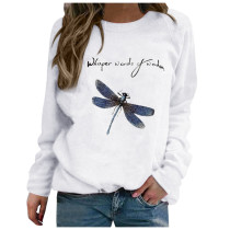 Women Oversized Sweatshirt Dragonfly Letter Print O-neck Lon