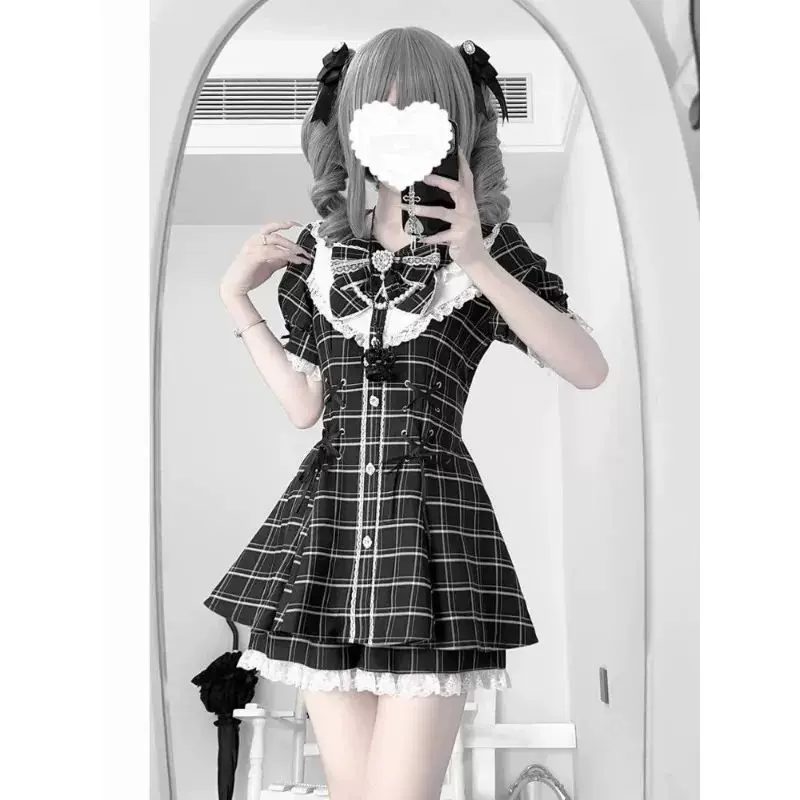 Костюм gothic lolita для женщин, Harajuku Y2K с бантом и кружевом, короткая юбка