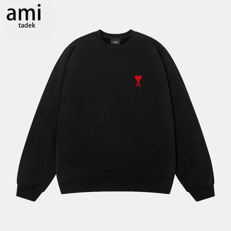 Ami Official Round-Neck Sweatshirt for Men and Women, Couple's Outfit, Black Heart Embroidery, Long-Sleeved Standard Fit Loose Top Ami Official Round-Neck Sweatshirt for Men and Women, Couple's Outfit, Black Heart Embroidery, Long-Sleeved Standard Fit Loose Top