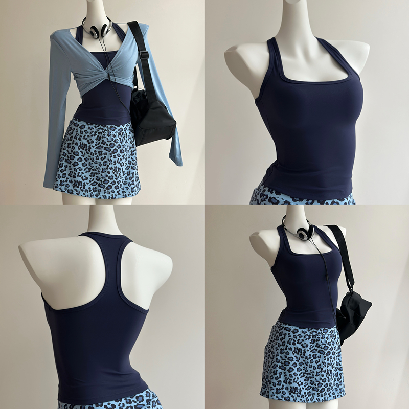 Zuer Rabbit· Square Neck Tank Top Leopard Print Tennis A-Line Skirt Yoga Outfit Set 2606D17