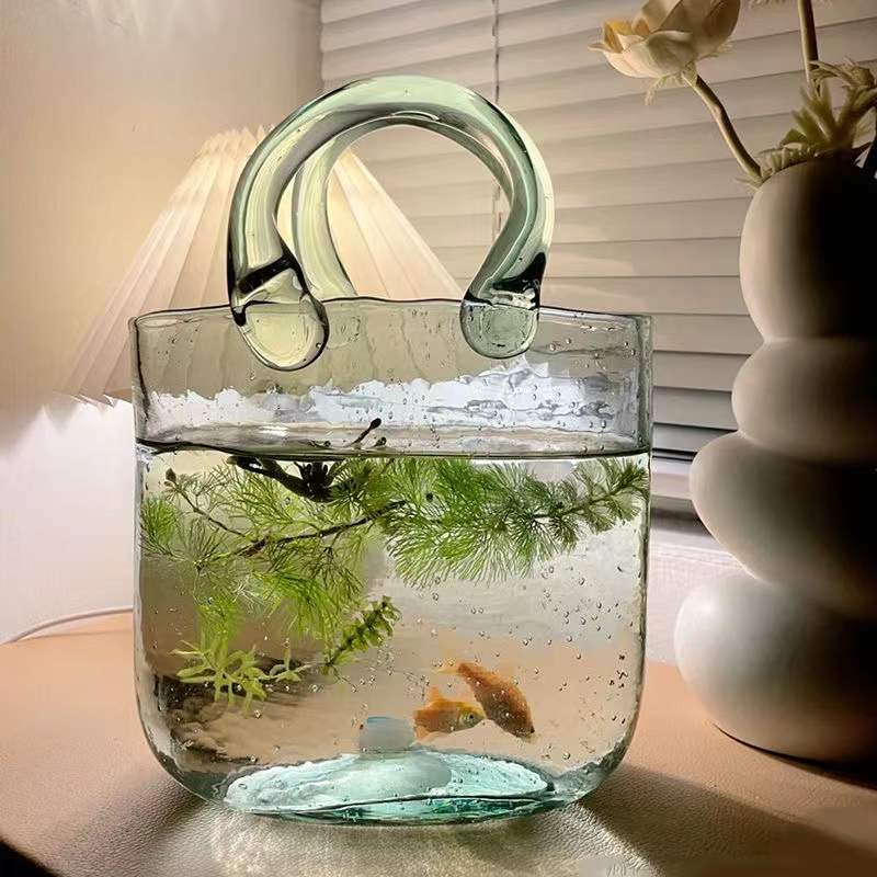Glass fish tank bag type vase hand basket flower arrangement living room small desktop net red landscaping home ecology