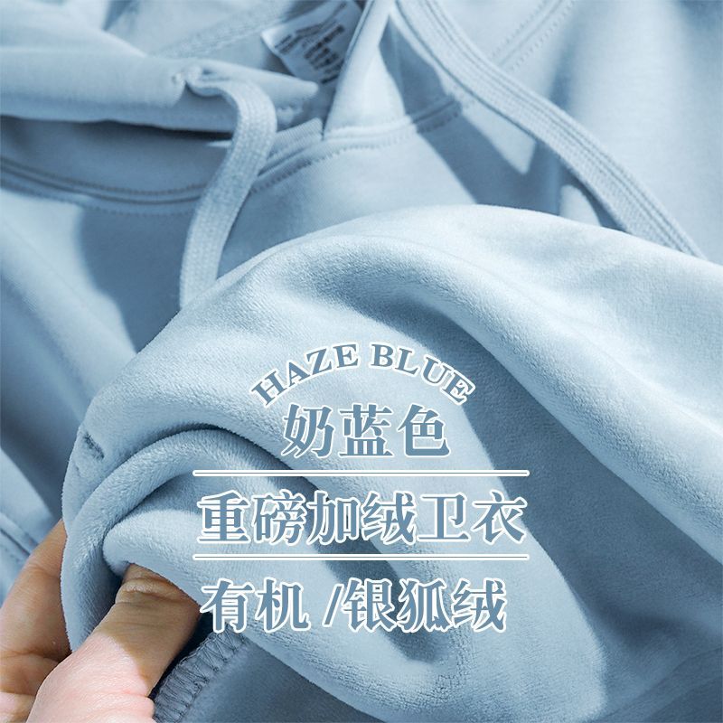600g Heavyweight Japanese-Style Fresh Solid Color Light Blue Hooded Sweatshirt Pure Cotton Lazy Style Unisex Double-Layer Hoodie