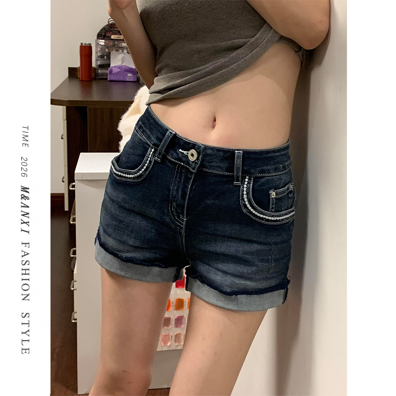 American-Style Spicy Girl Low-Waist Denim Shorts for Women 2026 New Style Rolled-Edge Design Stretchy Slimming Versatile A-Line Hot Pants