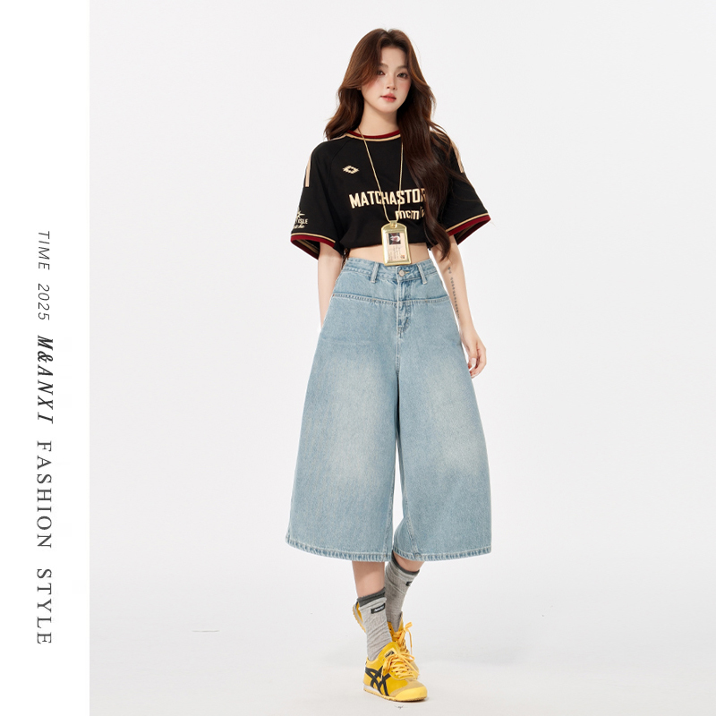 Light Blue Denim Capri Pants for Women, 2025 Summer New Style, High-Waisted, Loose, Slimming, Petite Wide-Leg Pants, Mid-Length Pants Light Blue Denim Capri Pants for Women, 2025 Summer New Style, High-Waisted, Loose, Slimming, Petite Wide-Leg Pants, Mid-Length Pants