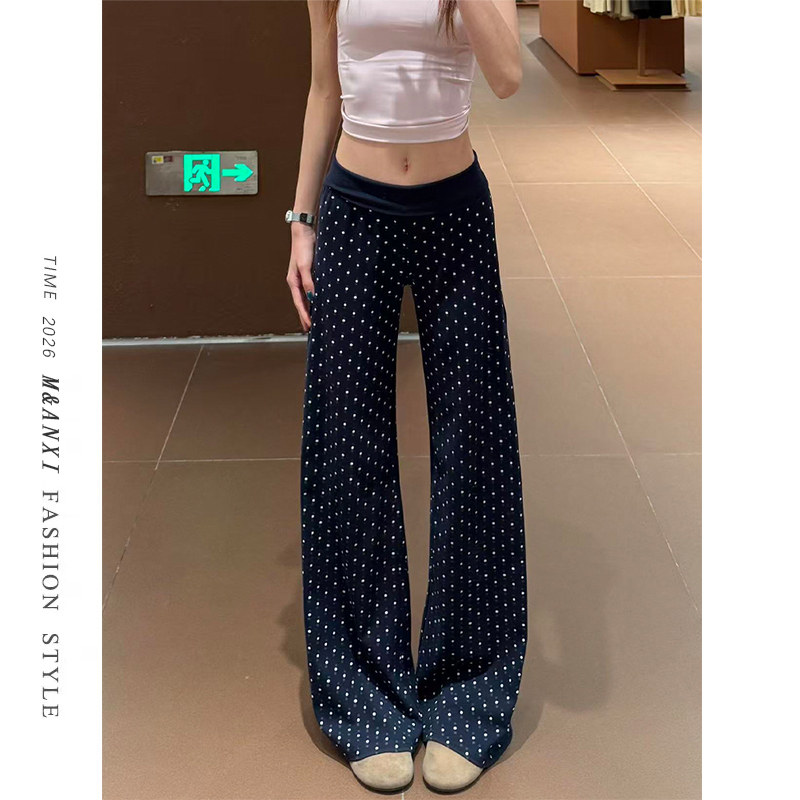 Korean-Style Vibe Blue Polka Dot Print Flared Pants for Women 2026 New Slim Fit Lazy Versatile Casual Pants