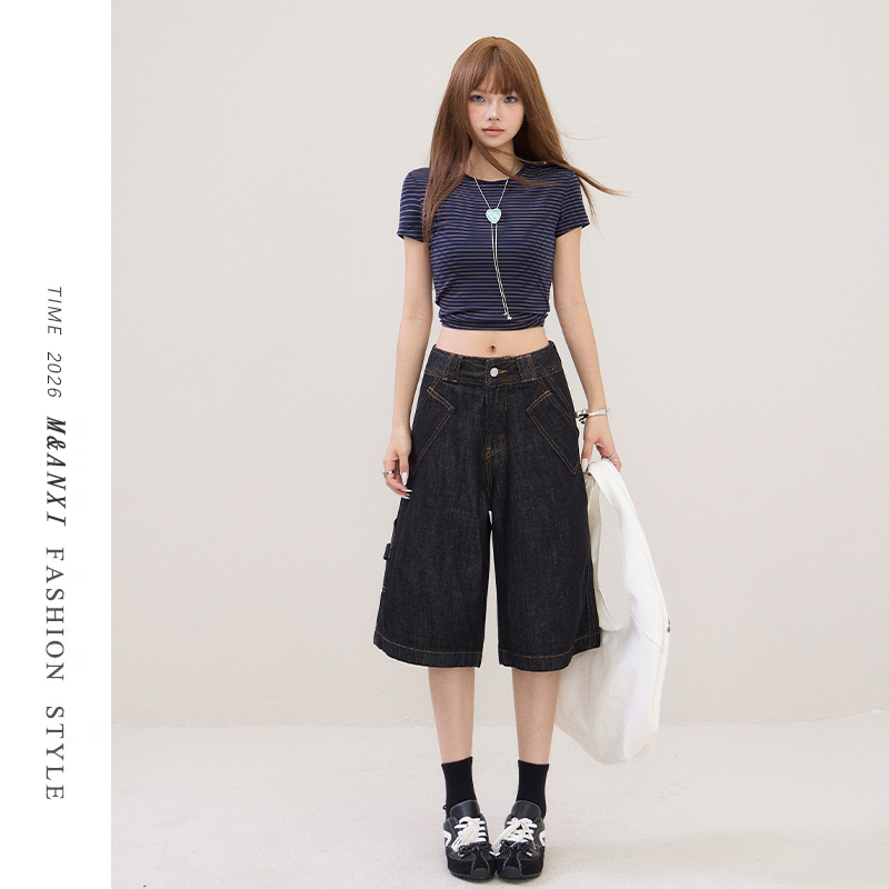 Vintage Black Denim Shorts for Women, Summer 2026 New Style, Loose Straight-Leg Capri Pants, High-Waisted, Slimming, Wide-Leg Mid-Length Pants