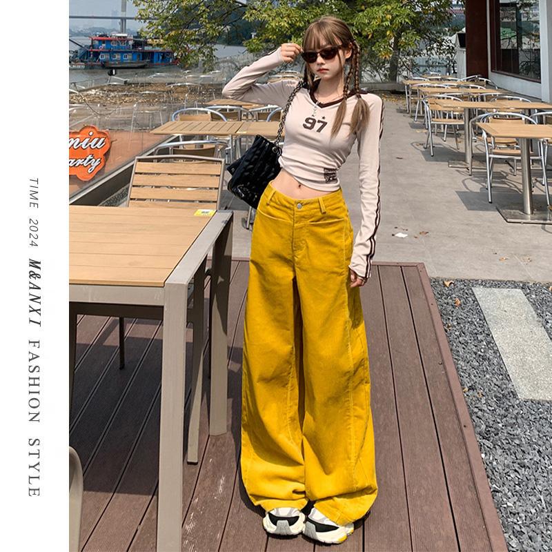 American-Style Yellow Wide-Leg Jeans for Women, 2024 Autumn New Loose Fit Slimming Corduroy Versatile Straight-Leg Casual Pants
