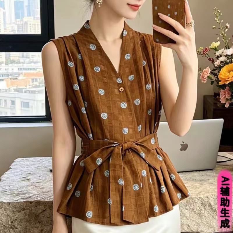 Summer New Style French Sleeveless Retro Shirt for Women, V-Neck Tie Waist, Light Mature Style, Slimming and Elegant Top Summer New Style French Sleeveless Retro Shirt for Women, V-Neck Tie Waist, Light Mature Style, Slimming and Elegant Top