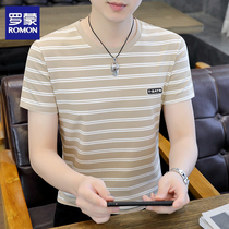 Romon mens striped short-sleeved T-shirt 2024 summer new round neck top Korean style casual half-sleeved T-shirt thin section