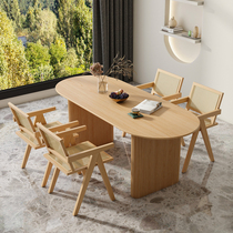 Japanese solid wood dining table and chairs oval wabi-sabi style special-shaped office desk small apartment dining table simple log workbench