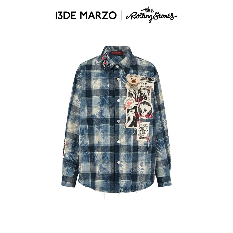 13 De Marzo Domestic Exclusive 2026 Autumn New Rolling Stones Collaboration Series Patched Distressed Shirt Jacket