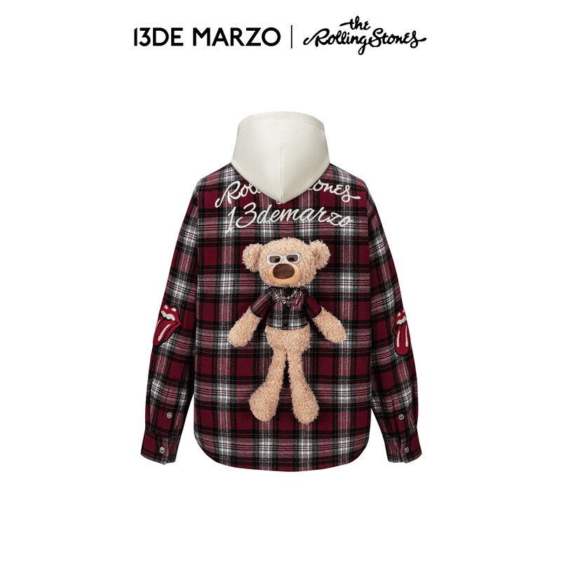 13 De Marzo Domestic Exclusive 2026 Autumn Rolling Stones Collaboration Series Plaid Detachable Padded Shirt