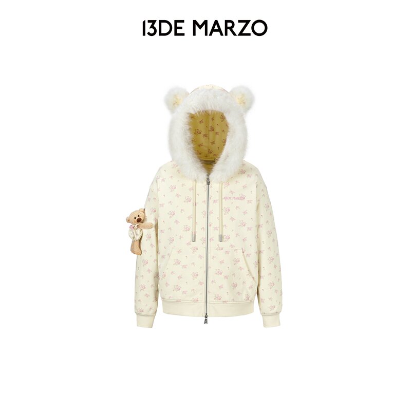 13De Marzo Domestic Store 2026 Early Autumn New Floral Fur Collar Zipper Hoodie Sweet Hooded Sweatshirt