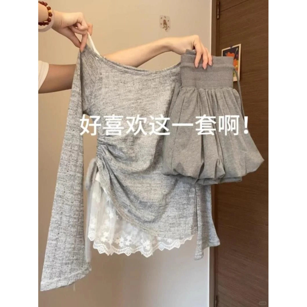 胖薯大尺码韩系独特好看套装蕾丝花边防晒罩衫花苞甜妹半身裙两件套