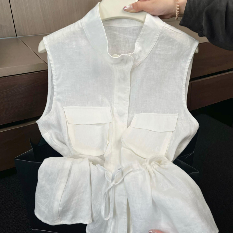 Highly Recommended! Old Money Style White Tencel Linen Work Vest for Women, Summer Drawstring Waist Sleeveless Top