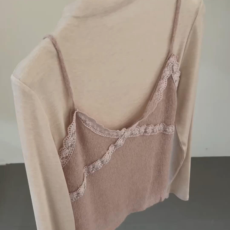 Highly Recommended! Pink Half-Turtleneck Knit Top for Women, Autumn Korean Style Pure Desire Lace Trim Camisole Two-Piece Set Highly Recommended! Pink Half-Turtleneck Knit Top for Women, Autumn Korean Style Pure Desire Lace Trim Camisole Two-Piece Set