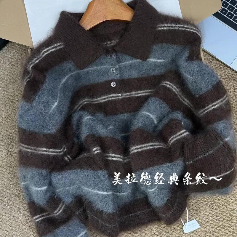 Highly Recommended! Brown and Blue Polo Collar Striped Knit Sweater for Women, Autumn Soft and Casual Pullover Sweater Highly Recommended! Brown and Blue Polo Collar Striped Knit Sweater for Women, Autumn Soft and Casual Pullover Sweater