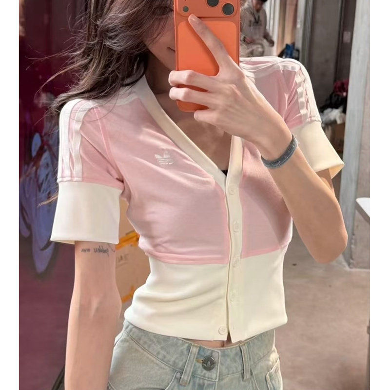Song Yuqi's Same Style Clover Elegant and Fashionable Slim-Fit Short-Sleeve V-Neck Button-Up Shirt Casual Cardigan Kw*41