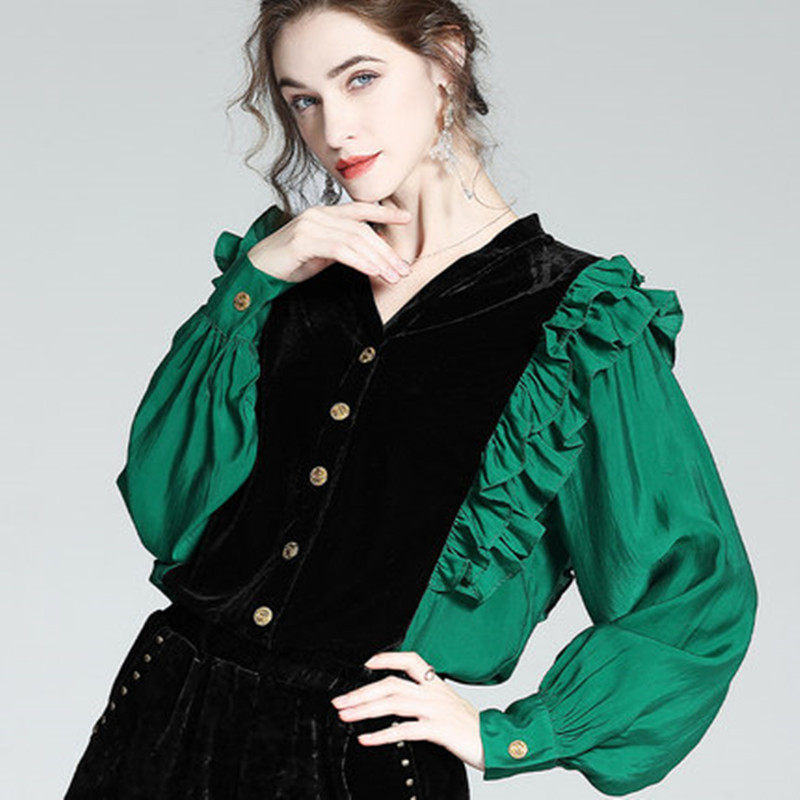 Golden Velvet Cover Woman 2021 Fall and Winter New Lotus Leaves Silk Silk Shirt Beauty Fashion Blade