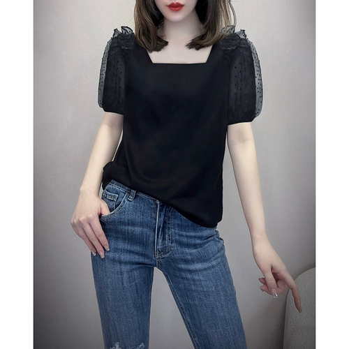 Черная кружевная летняя футболка, квадратный вырез, с рукавом, европейский стиль