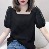 Черная кружевная летняя футболка, квадратный вырез, с рукавом, европейский стиль