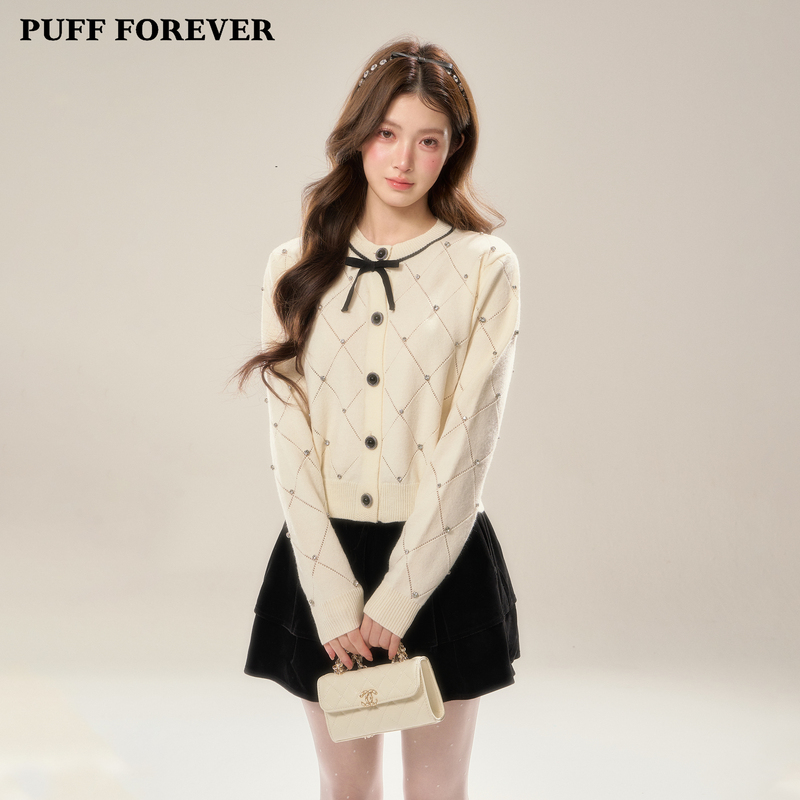 Puffforever "Diamond Shadow Soft Light" Diamond-Embellished Bow Korean Style Versatile Slim Fit Sweater Knitted Cardigan Puffforever "Diamond Shadow Soft Light" Diamond-Embellished Bow Korean Style Versatile Slim Fit Sweater Knitted Cardigan