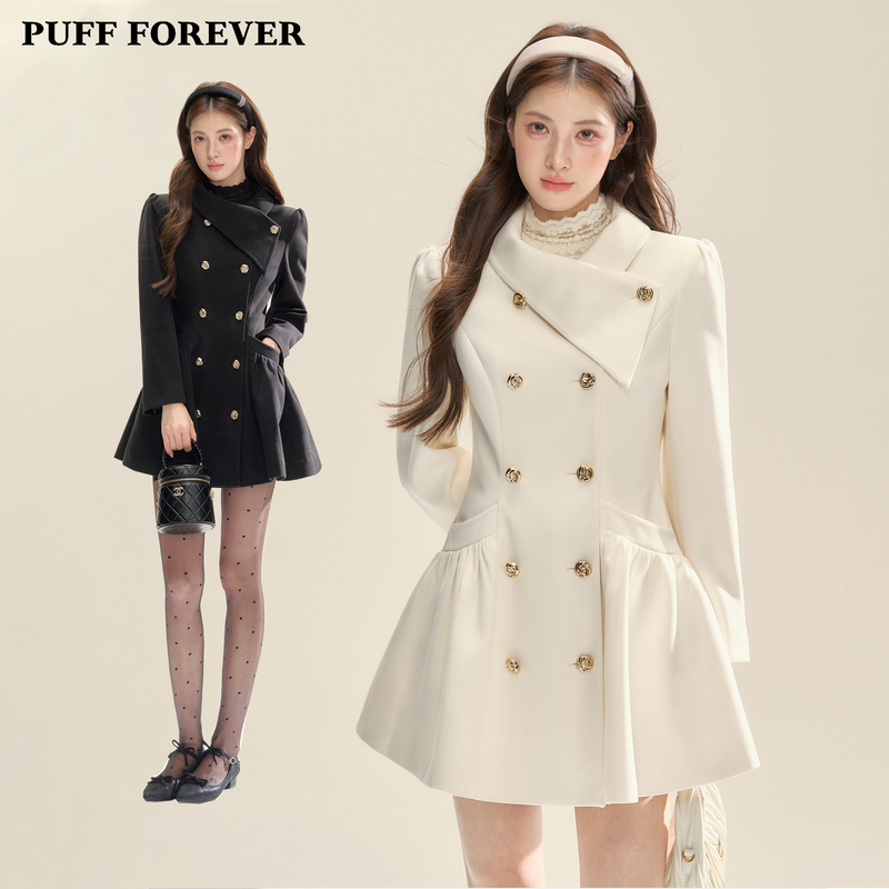 Puffforever "Black and White Poems" Three-Dimensional Skirt Hem Slimming Elegant Versatile Coat with Cotton Lining for Women
