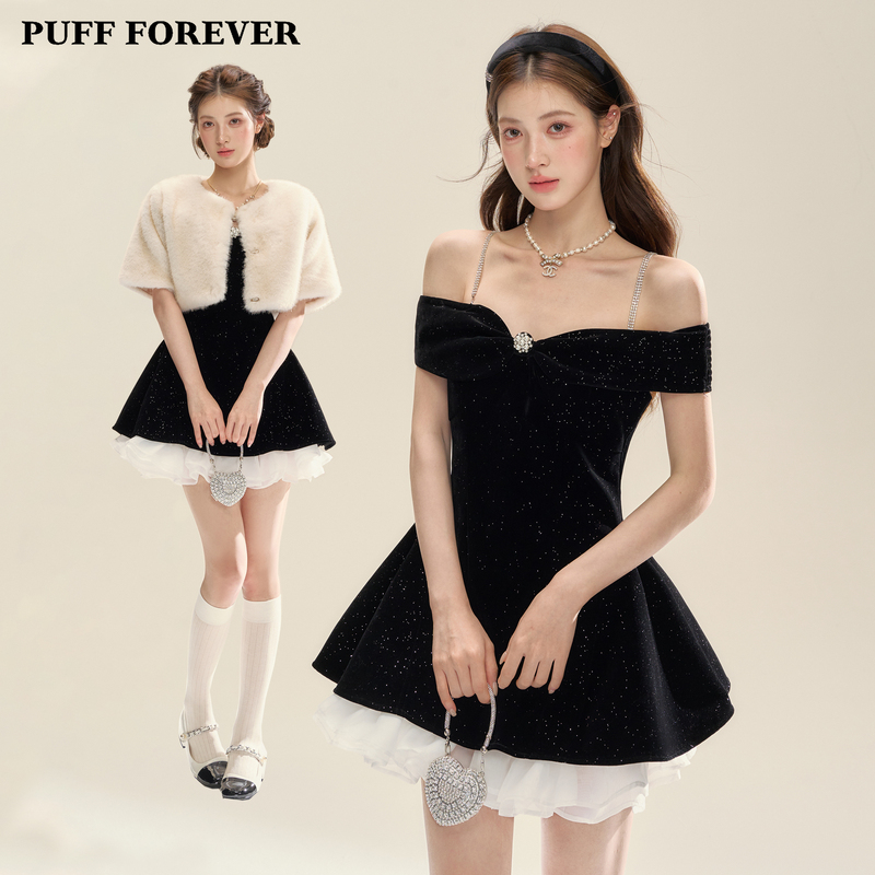 Puffforever "Broken Diamond Galaxy" Black Velvet Contrasting Color Patchwork One-Shoulder Puffy Skirt Eco-Friendly Fur Cape