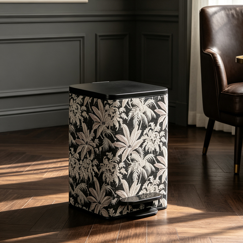 Vintage Tropical Print Foot-Operated Trash Can for Home, Living Room, Office, High Aesthetic Value, Mid-Century Style, Foot-Operated with Lid, Large Size