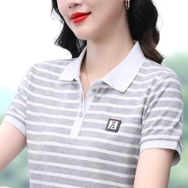 Clearance of Foreign Trade Surplus: Pure Cotton Long-Sleeve T-Shirt for Women, Collared Polo Shirt, Black and White Striped Top for Middle-Aged Mothers Clearance of Foreign Trade Surplus: Pure Cotton Long-Sleeve T-Shirt for Women, Collared Polo Shirt, Black and White Striped Top for Middle-Aged Mothers