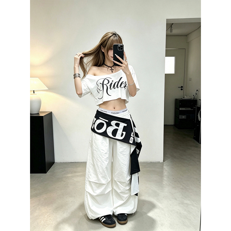 Reddoll American Style Spicy Girl Letter Print Off-Shoulder Top Women's Jazz Crop Top Slimming Short T-Shirt Summer Reddoll American Style Spicy Girl Letter Print Off-Shoulder Top Women's Jazz Crop Top Slimming Short T-Shirt Summer