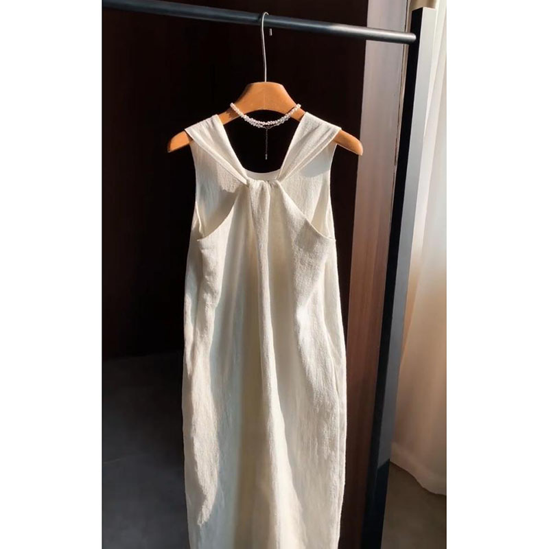 {Same-Day Shipping} Korean Style Versatile Simple and Elegant Back-Twist Sleeveless White Dress, Fashionable Loose Long Dress for Summer
