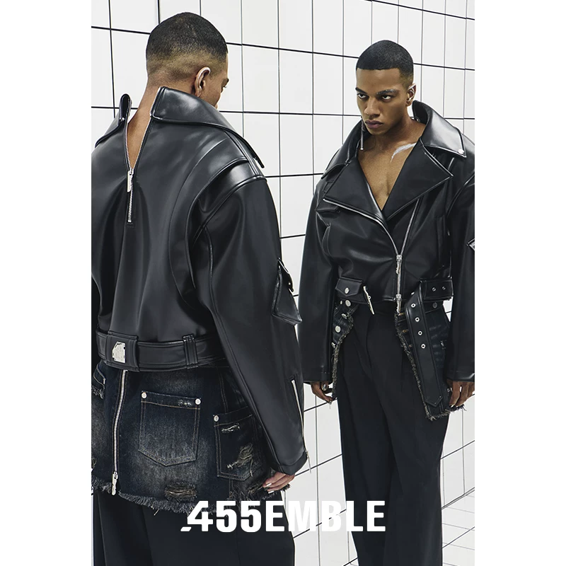Кожаная куртка мотоциклетного стиля 455EMBLE с застежкой-м zipper на спине, куртка из imitation leather, короткая модная мотоциклетная куртка для мужчин и женщин