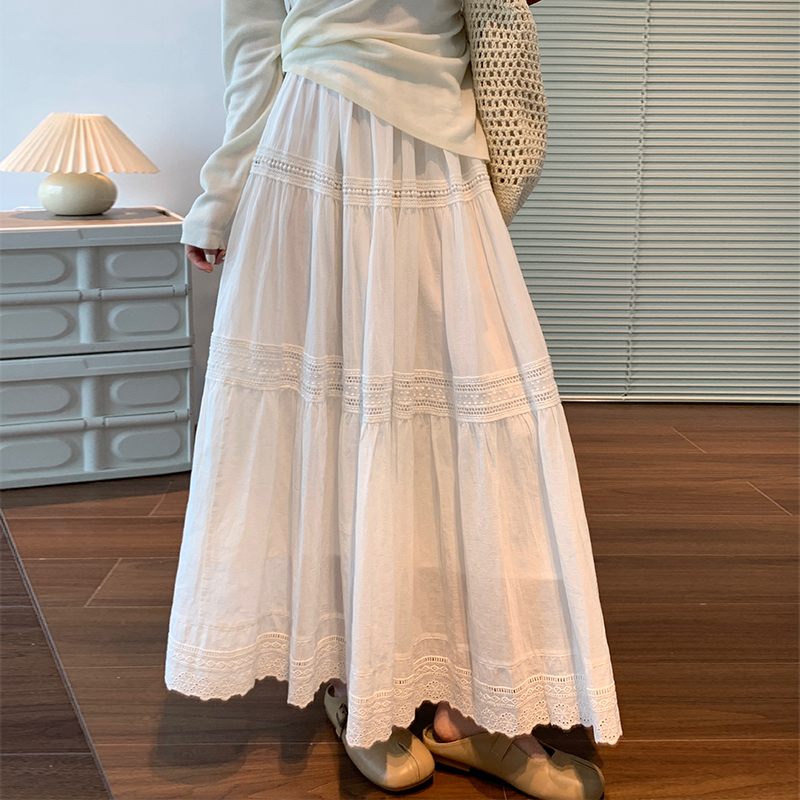 ホワイトスカート レディース 2025 夏新作 Aライン ビッグスイングスカート ミディアム丈 ケーキスカート レース レース ふわふわ アンブレラスカート