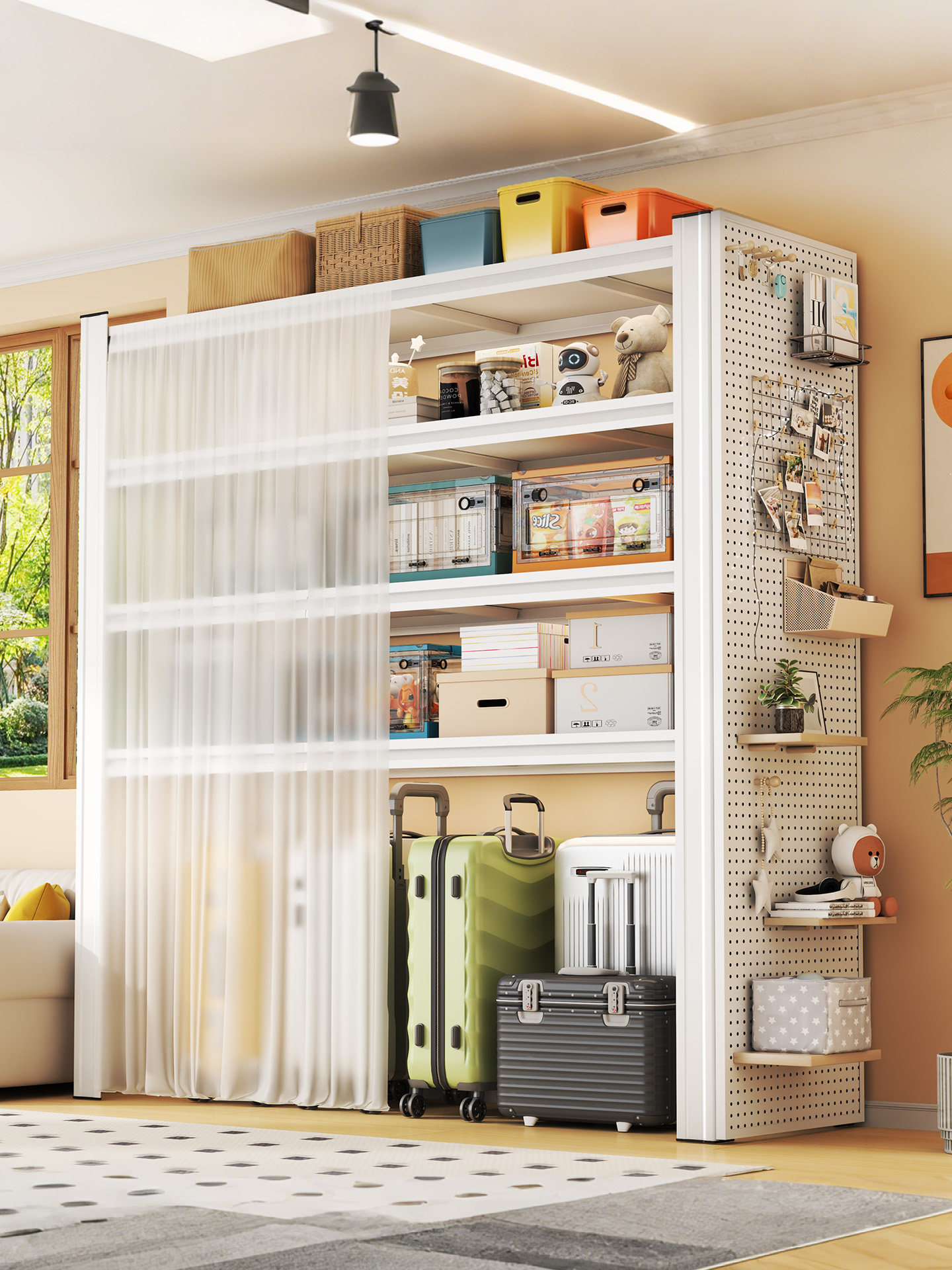 Household storage rack multi-layer storage rack living room dust curtain storage rack balcony hole board organizer floor shelf