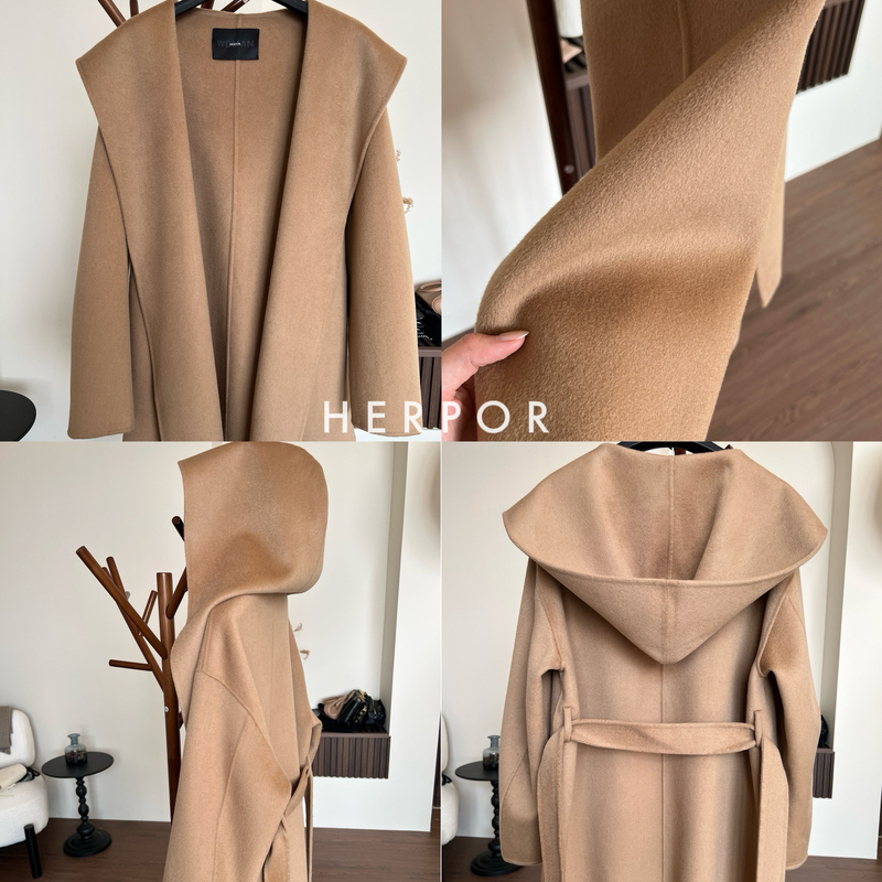 [Life Coat] New Autumn and Winter Camel-Colored Cashmere Hooded Casual Classic Short Bathrobe-Style Wool Coat for Women