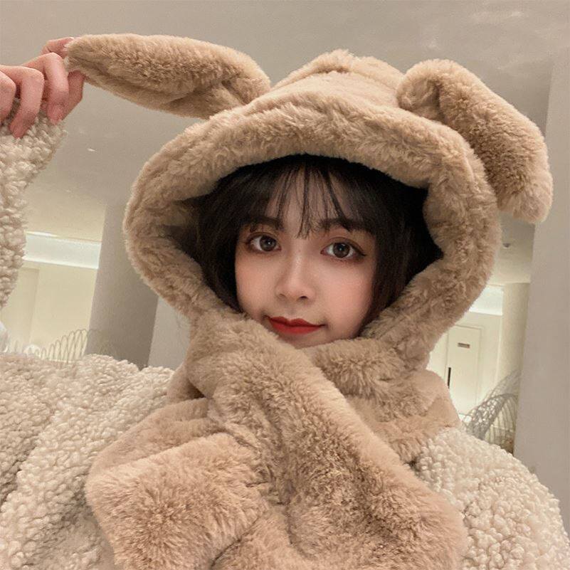 Little rabbit hat ears will move rabbit ears hat women in autumn and winter cute Joker tide bear scarf one