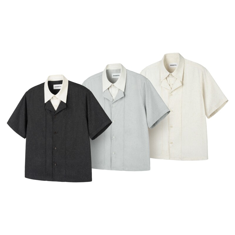 Deserto Floral Linen Blend Elegant Faux Two-Piece Casual Short-Sleeve Shirt with Turn-Down Collar for Men and Women