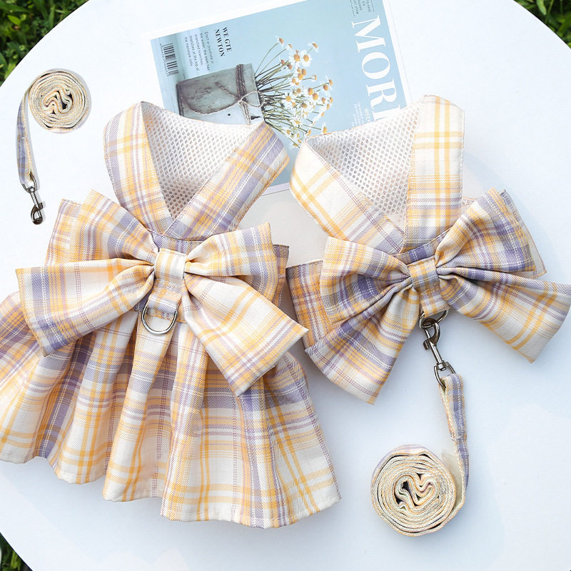 Spring Summer Dogs Cat Kitty JK Plaid Skirt Vest Type Chest Holding Baby Bag Traction Rope Clothes Walking Dog Rope Pet Supplies