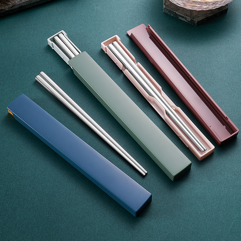 Internet celebrity 304 stainless steel chopsticks creative single and double chopsticks box student outdoor portable chopsticks tableware set