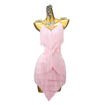 2024 Pink Professional Latin Dance Competition Costume Sexy Womens Tassel Performance Examination Dress