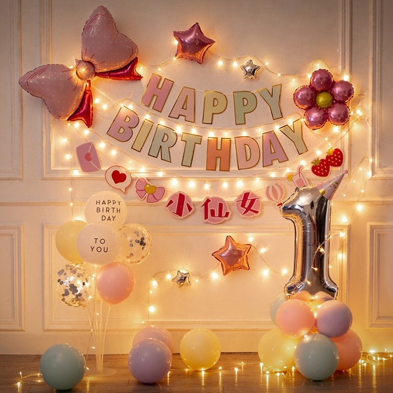 100-year-old banquet arranged for children's birthday decoration items Scene light extravagant ten-year-old girl over birthday party background wall