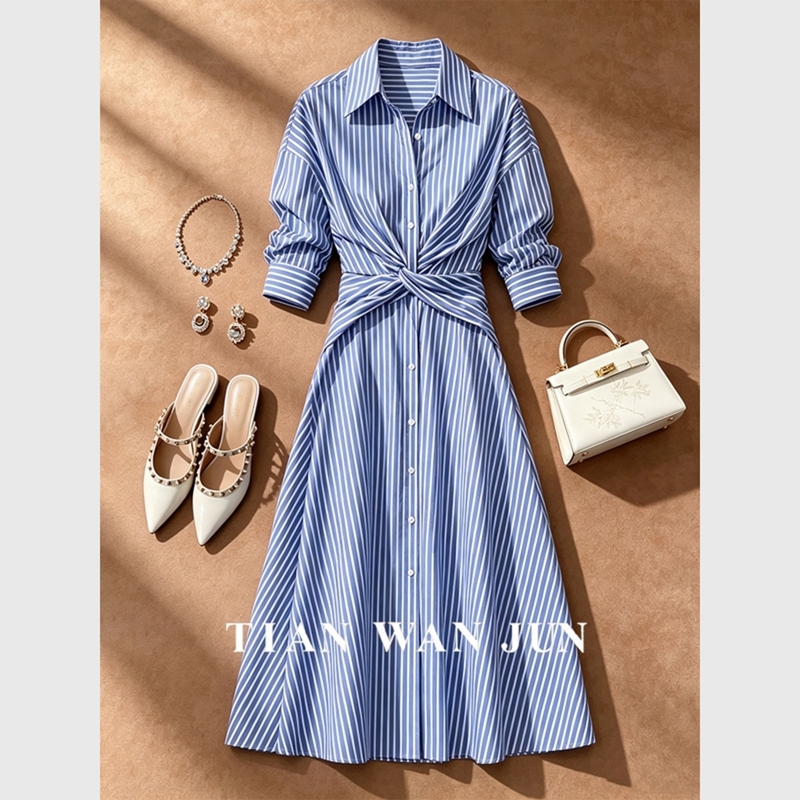 Blue Striped Shirt Dress, New for Autumn 2026, Simple, Elegant, Unique, Super Pretty, with a Flattering Waist Blue Striped Shirt Dress, New for Autumn 2026, Simple, Elegant, Unique, Super Pretty, with a Flattering Waist