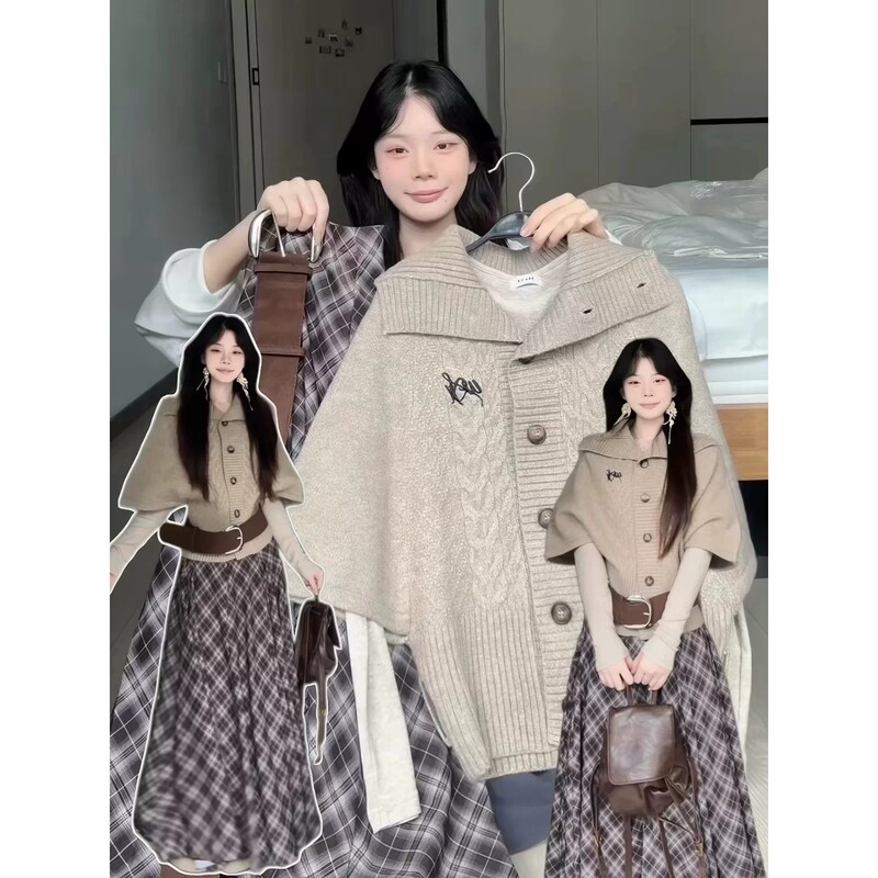 Korean-Style Large Lapel Knitted Cardigan Sweater Coat for Women, Early Autumn Outfit, Mid-Sleeve Short Cape Top Korean-Style Large Lapel Knitted Cardigan Sweater Coat for Women, Early Autumn Outfit, Mid-Sleeve Short Cape Top