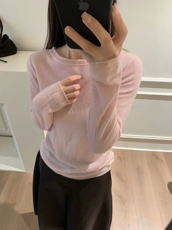 Gentle Style Mesh Patchwork Knit Sweater for Women, Wool Blend, Slightly Sheer, Lightweight, Slimming, Versatile Long-Sleeve Base T-Shirt
