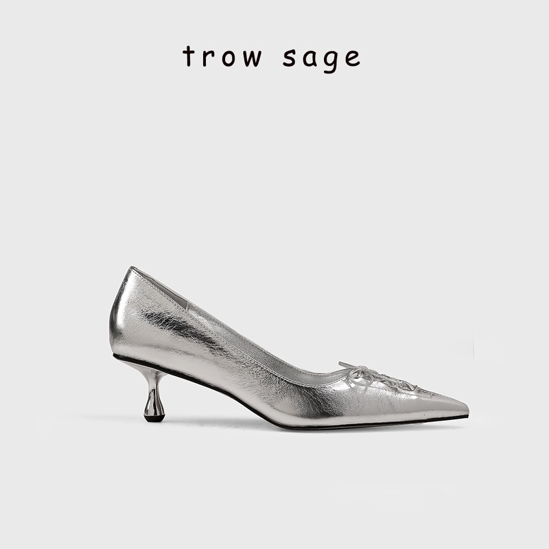 Trowsage's Exquisite Rules ▏ Pointed Toe Silver High Heels with Bow, Retro Stiletto French Style Shallow Mouth Single Shoes for Women Trowsage's Exquisite Rules ▏ Pointed Toe Silver High Heels with Bow, Retro Stiletto French Style Shallow Mouth Single Shoes for Women