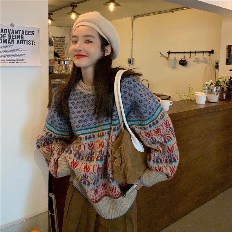 Winter 2021 new retro reworked jacquard knit outwear Thickened Loose loose Lazy Wind Long Sleeve Sweater Blouse