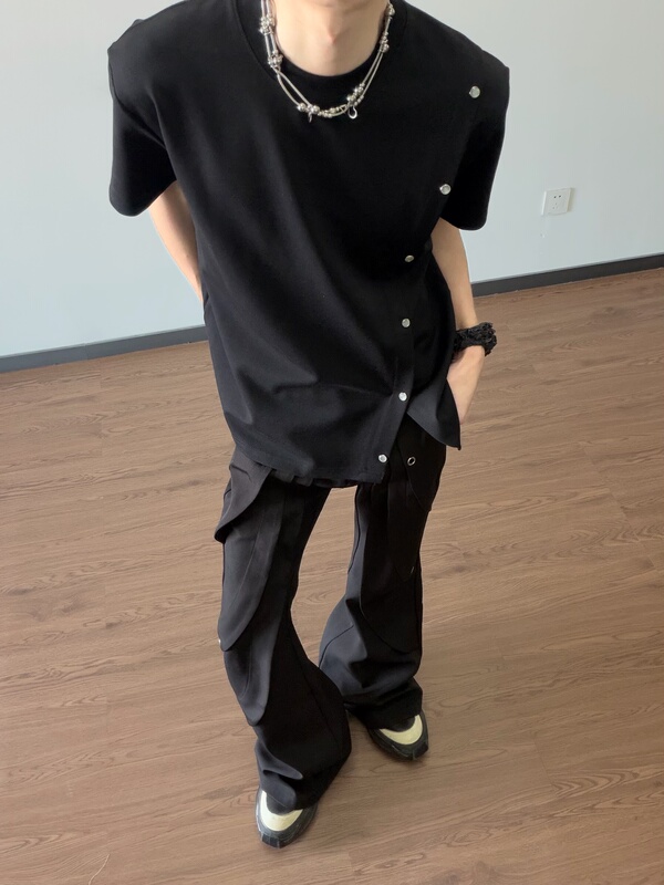 Yingzq American-Style Cleanfit Side-Button Black Short-Sleeve Men's Button Design Regular Shoulder Short Wide Solid Color T-Shirt