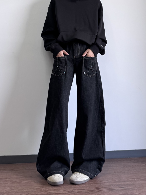 Yingzq American Retro Denim Original Color Turquoise Scimitar Jeans Raw Denim Men's A-Line Straight Wide-Leg Trousers